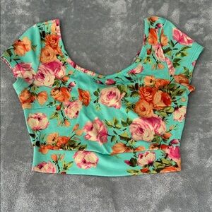 Charlotte Russe Floral Crop Top - Teal and Multicolor